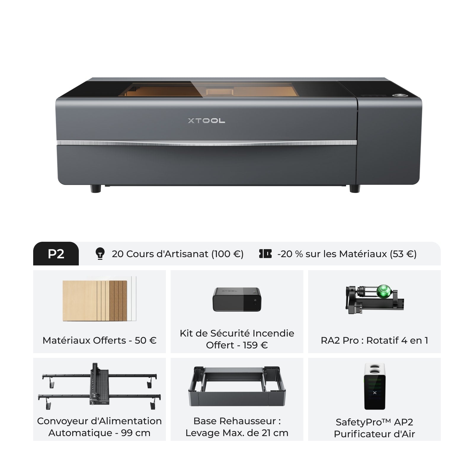 xTool P2S & P2 - Découpeur Laser CO2 de Bureau Polyvalent et Intelligent de 55W