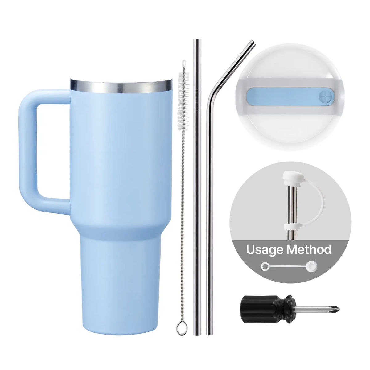 Gobelet en acier inoxydable bleu pastel à argent phosphorescent avec poignée amovible (1,18 L)