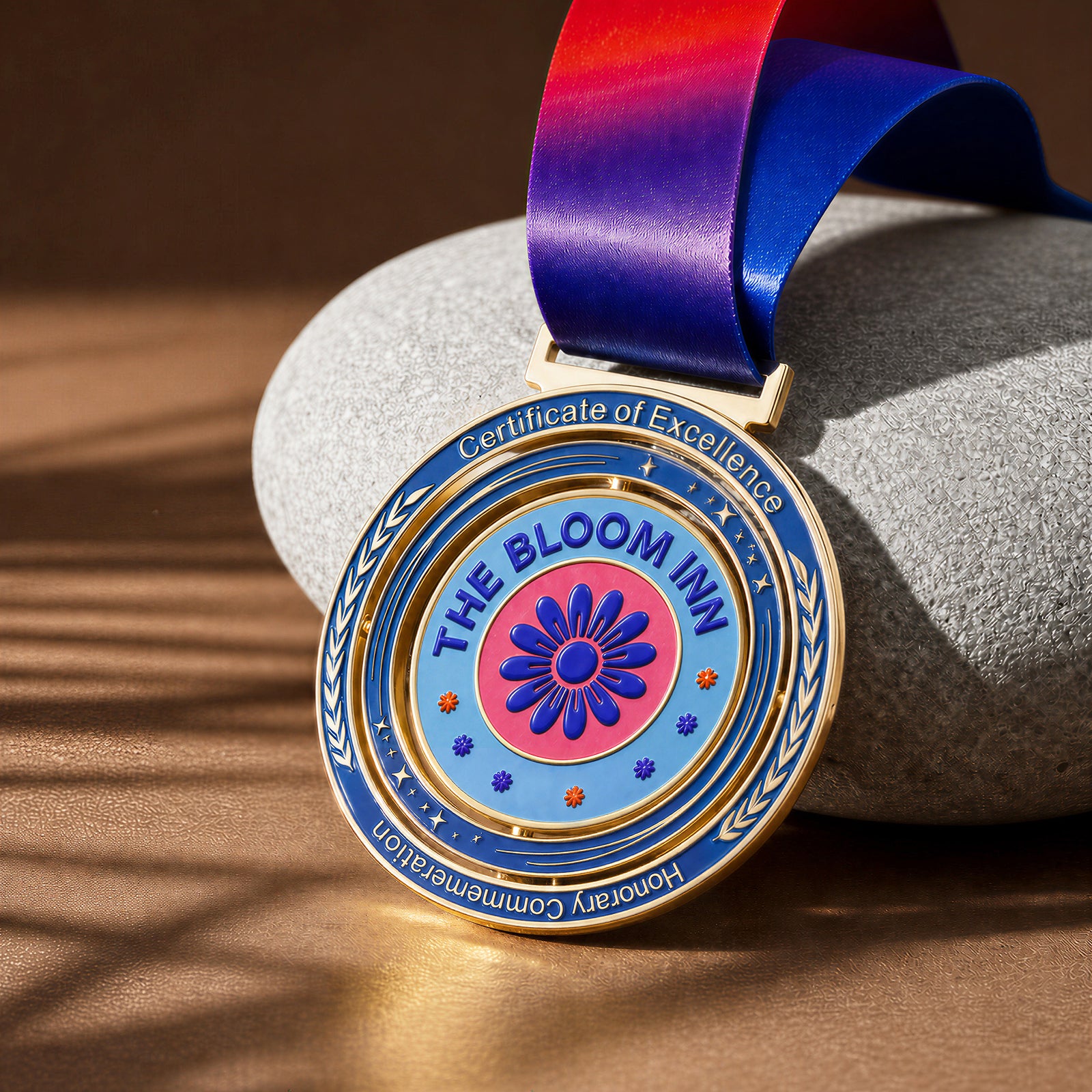 Blue and gold star patterned metal spinning medal 03