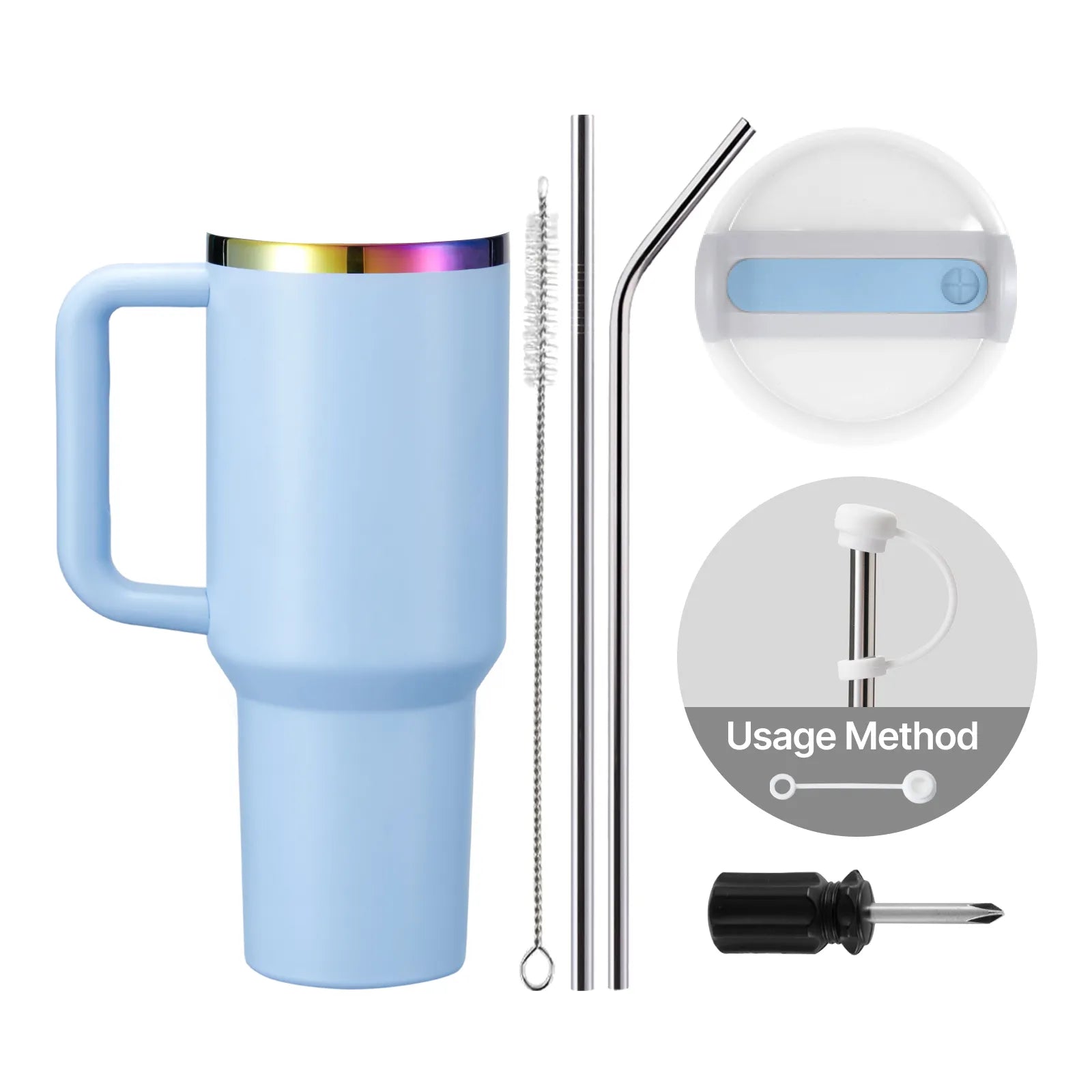 Gobelet en acier inoxydable bleu pastel irisé phosphorescent avec poignée (1,2 L / 40oz)